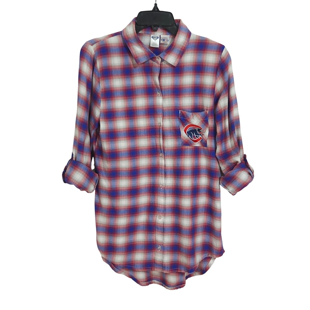 MLB Chicago Cubs Plaid Button Up Tunic Shirt Womens Medium Blue Red Baseball